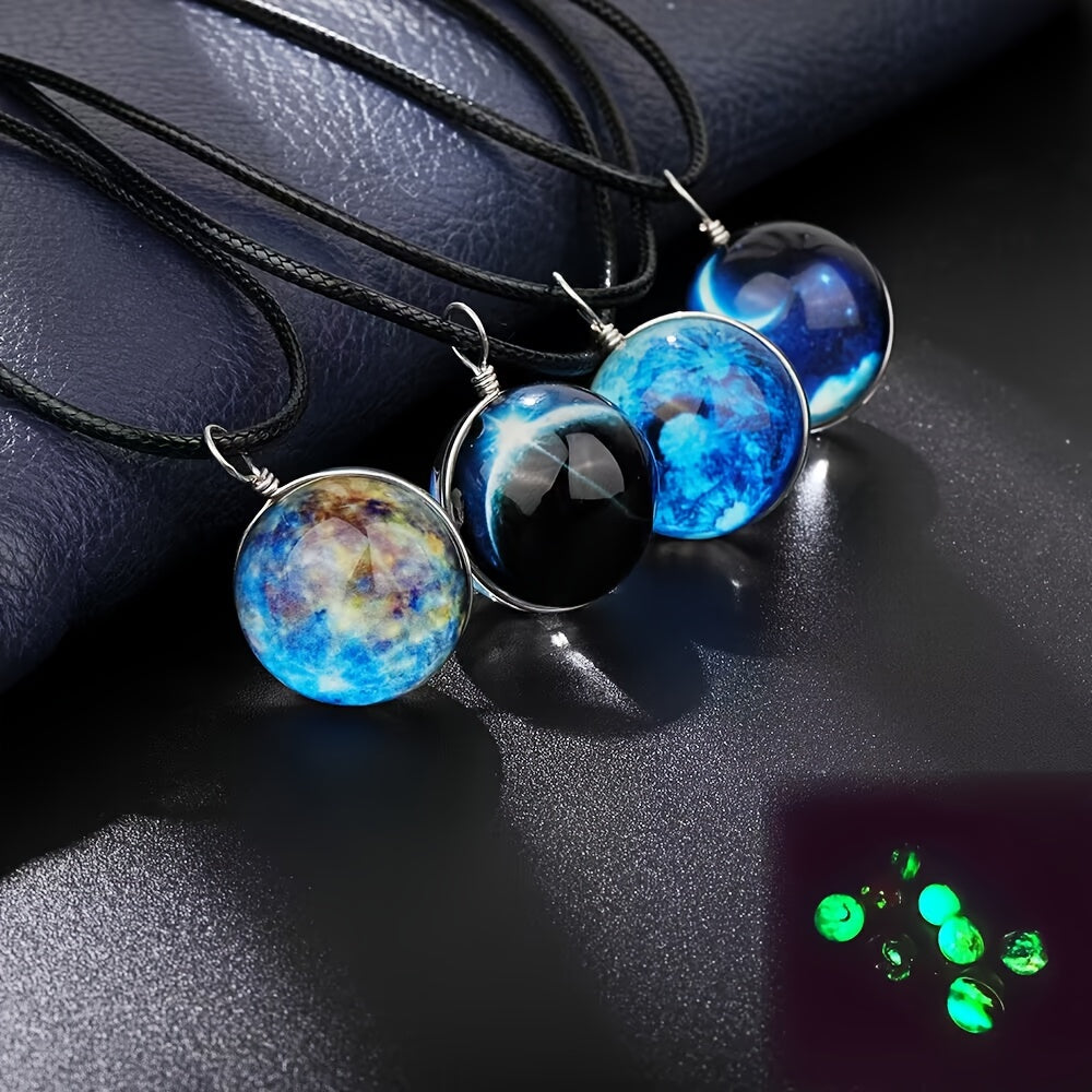 Set of 4 Boho Retro Glass Orb Pendant Necklaces with Glowing Space Gemstones for Festivals and Travel