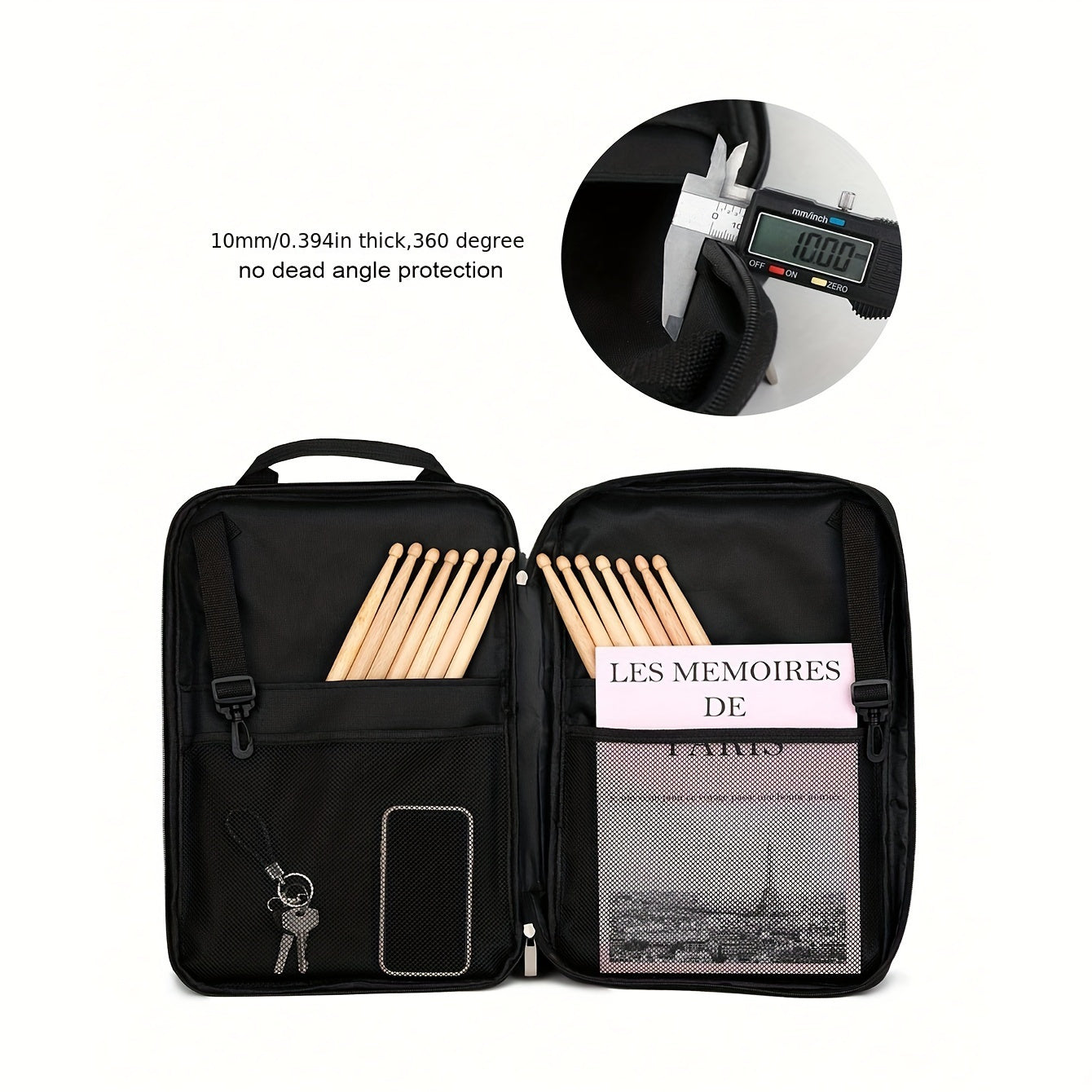 Water-Resistant Drumstick Bag with Cushioned Straps Holds 12 Pairs Black Professional Carry Backpack