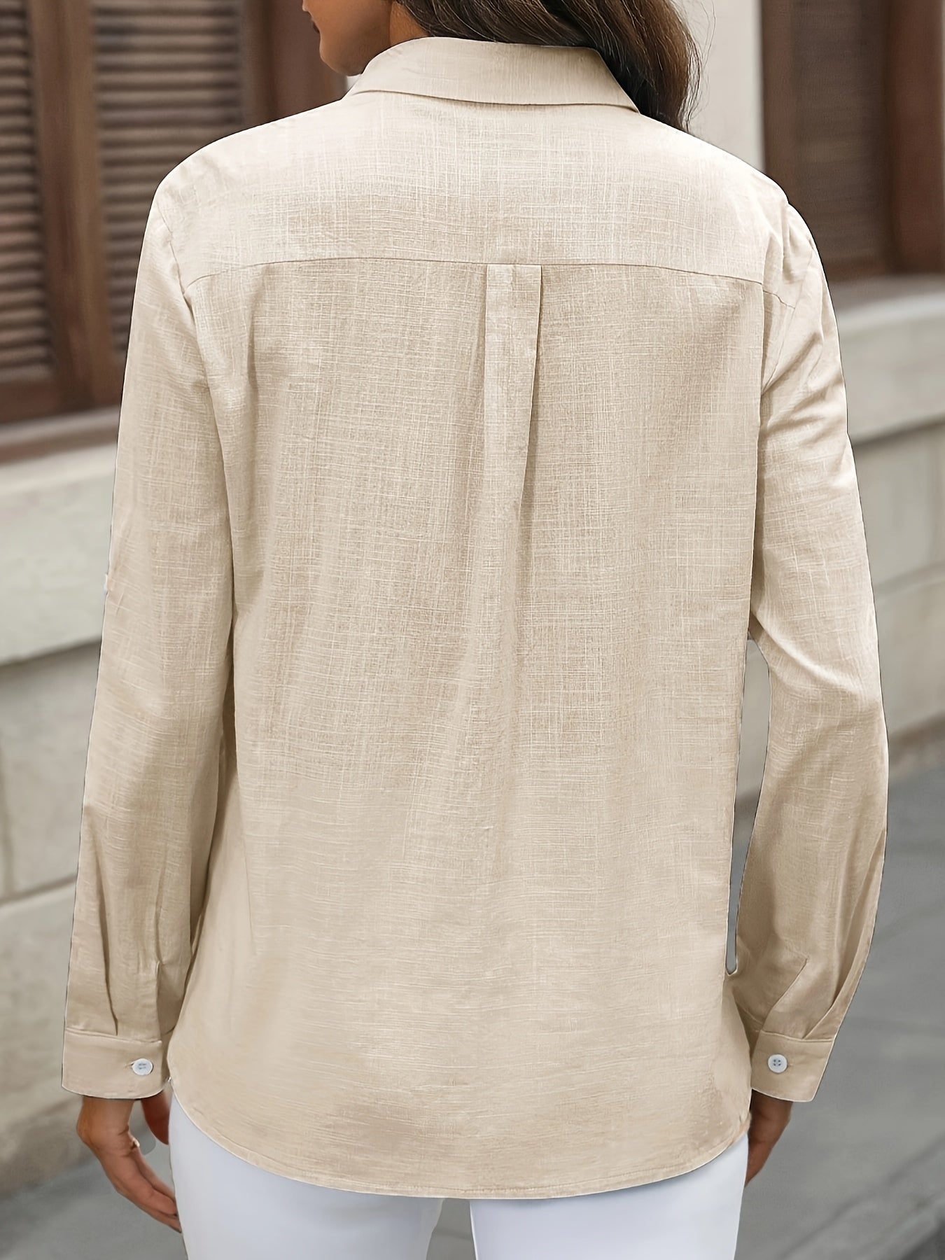 Women's Cotton Long-Sleeve Solid Color Blouse with Turn-Down Collar and Flap Pockets