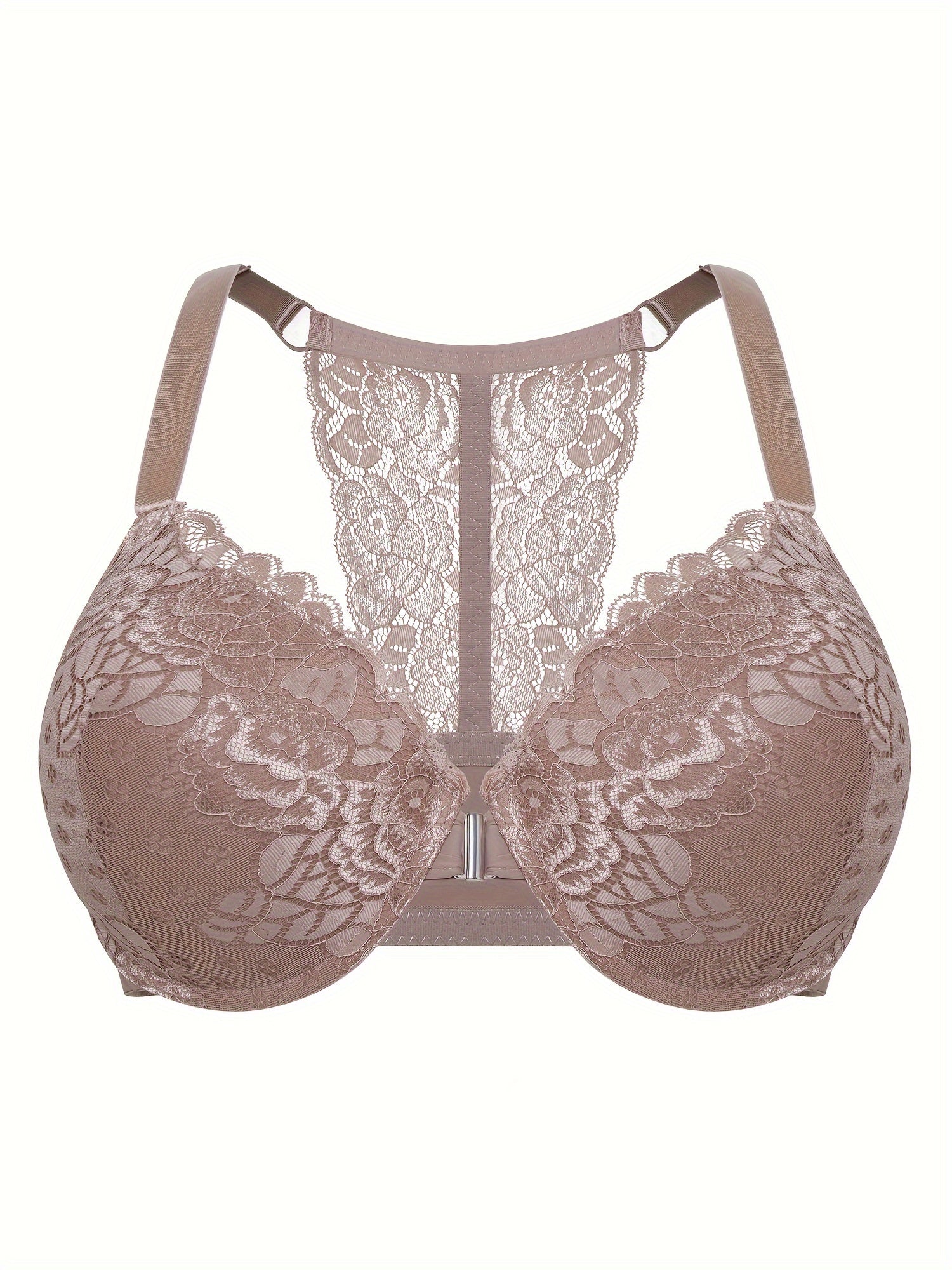 Sujetadores de encaje con cierre frontal para tallas grandes para mujeres con diseño de espalda de corredor, soporte con aros, ligeramente acolchados, encaje floral