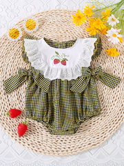 Baby Girls Plaid Onesie with Strawberry Embroidery and Bow Details for Casual Outdoor Wear