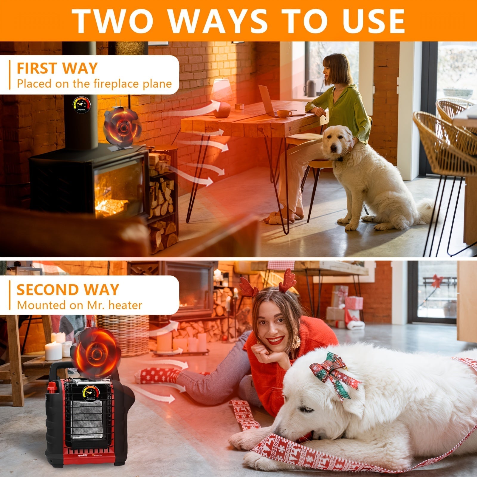 Aluminum Wood Stove Fan with Magnetic Thermometer for Camping and Indoor Use