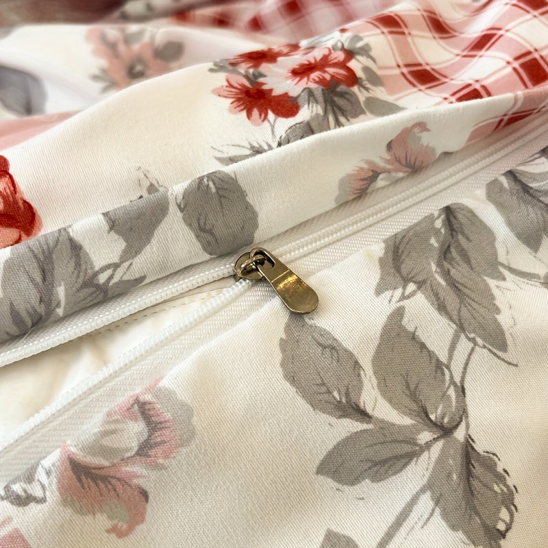 Pink Patchwork Quilt Cover Set Microfiber Soft Bed Decor with Pillowcases