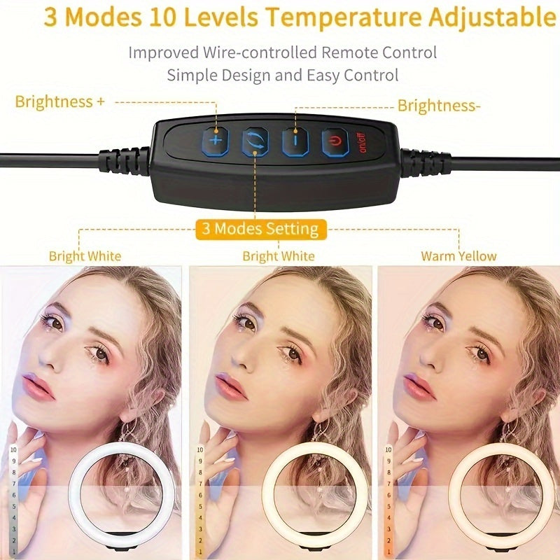 13 dyuymli LED halqa chiroqi jonli efir, fotografiya, video konferensiya uchun portativ, USB bilan quvvatlanadigan, sozlanadigan balandlik