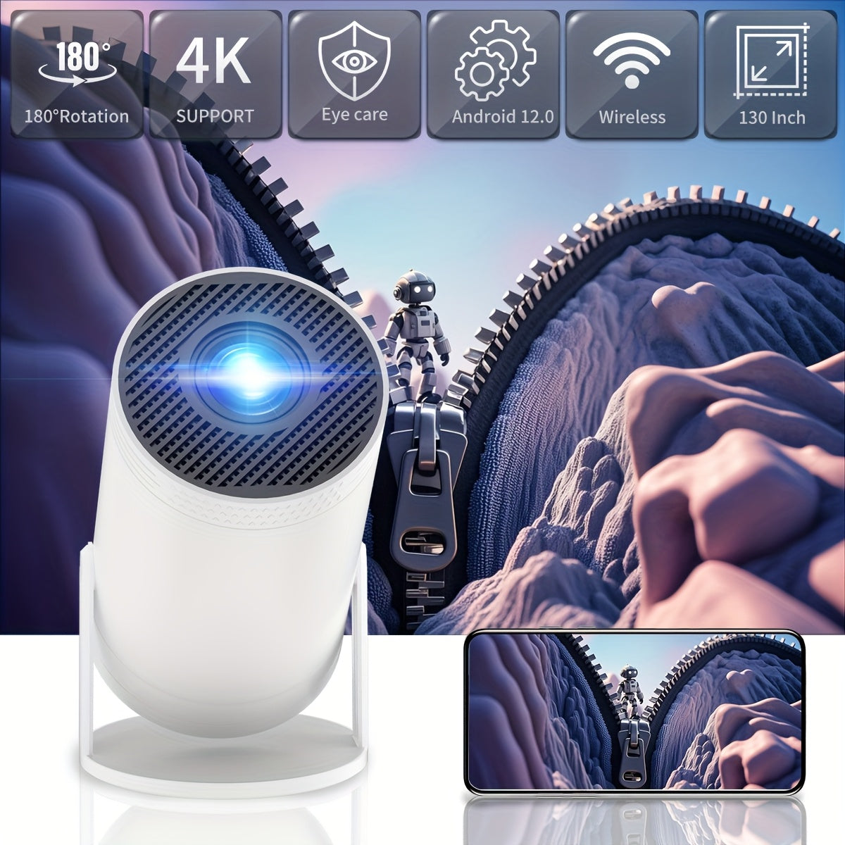 Mini Projector Supports 4K Video Wireless Portable Screen for Smartphones