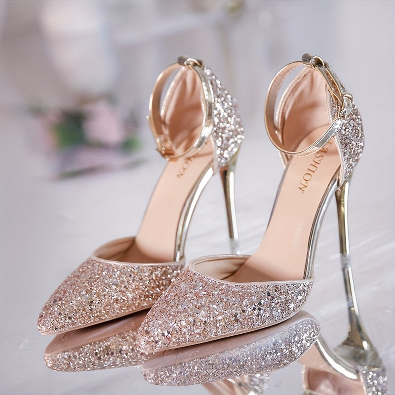 Women Silver Sequin Pointed Toe Stiletto Heels Elegant Party Wedding Shoes