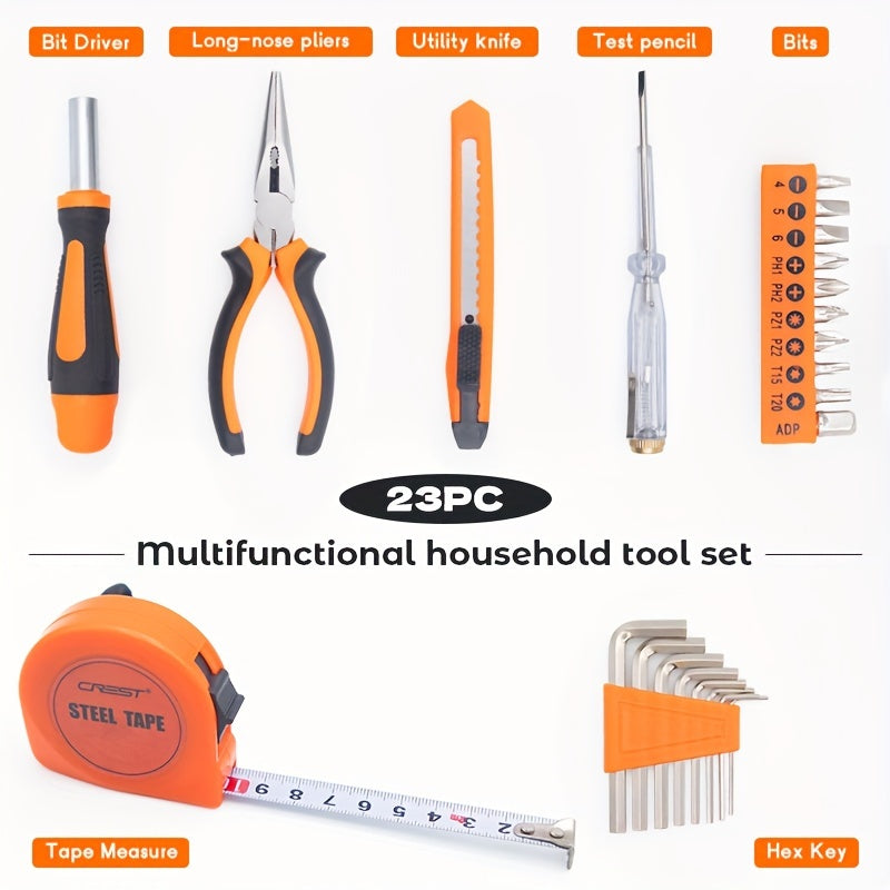 23-Piece Home Repair Tool Kit with Orange Carbon Steel Tools and Plastic Storage Case
