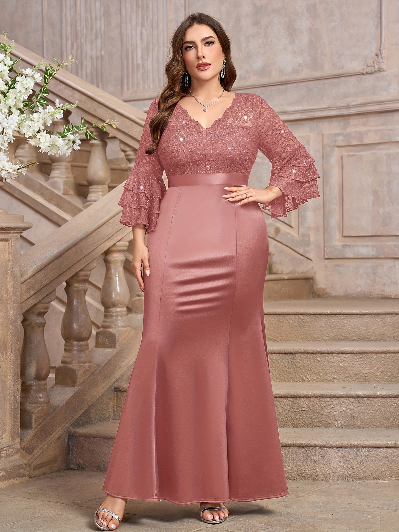 Plus Size V-Neck Sequin Lace Mermaid Dress for Weddings and Parties Navy Blue