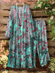 Women's Wide-Leg Pants Set with V-Neck Top and Paisley Print Polyester