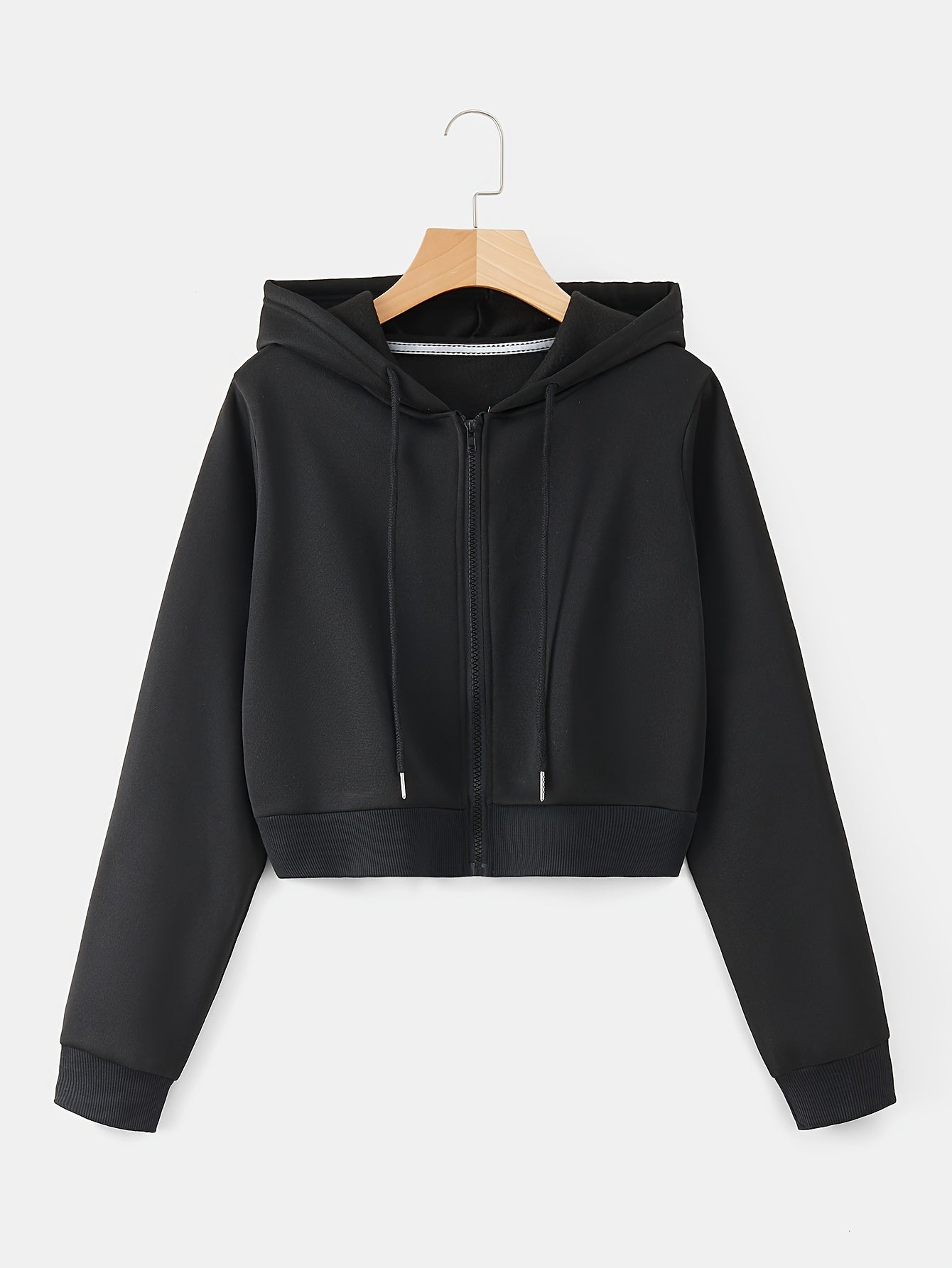 Women's Cropped Hoodie with Drawstring, Long Sleeves, Zipper, Fall and Spring Casual Wear