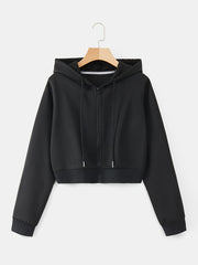 Women's Cropped Hoodie with Drawstring, Long Sleeves, Zipper, Fall and Spring Casual Wear