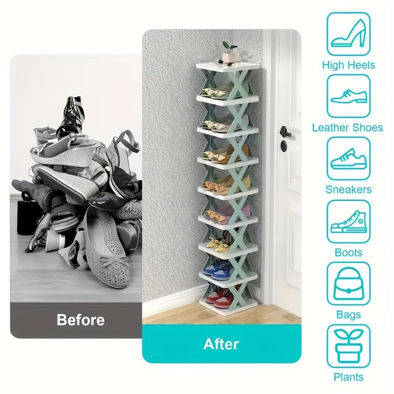 9-Layer Stackable Plastic Shoe Rack Vertical Organizer Space-Saving Floor Mount