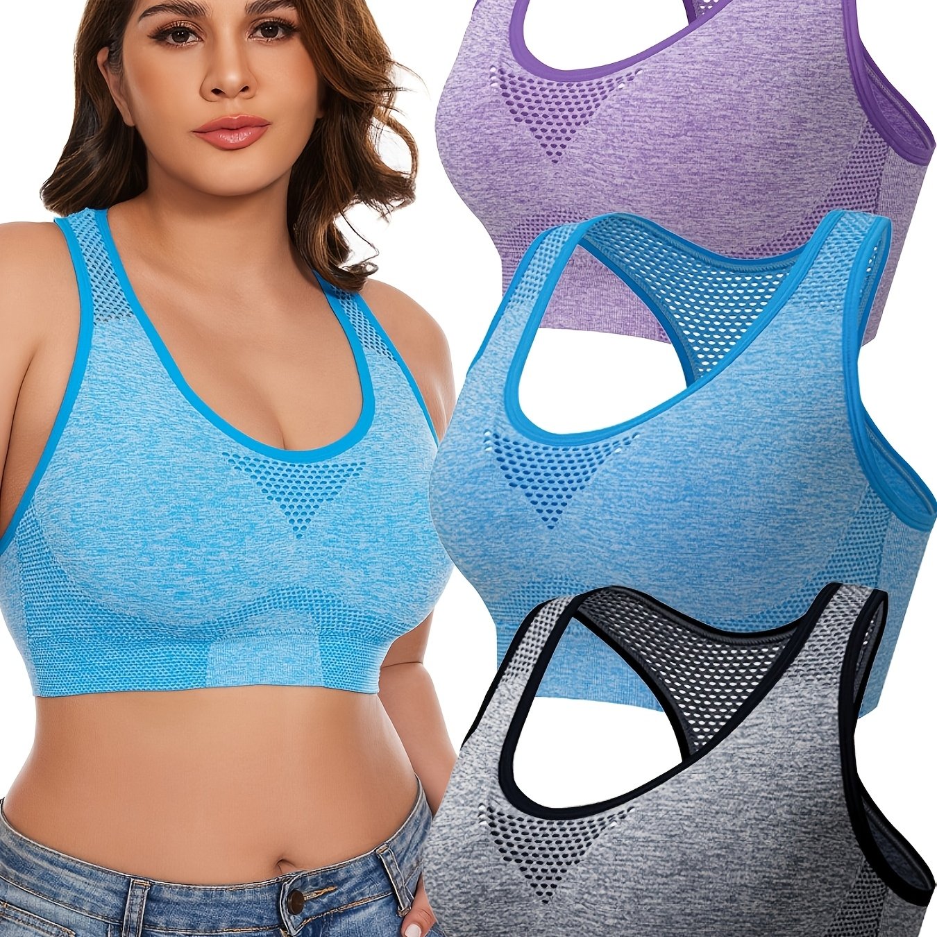 Women's Seamless Hollow-Out Sports Bras 3 Pack Breathable Nylon Yoga Top