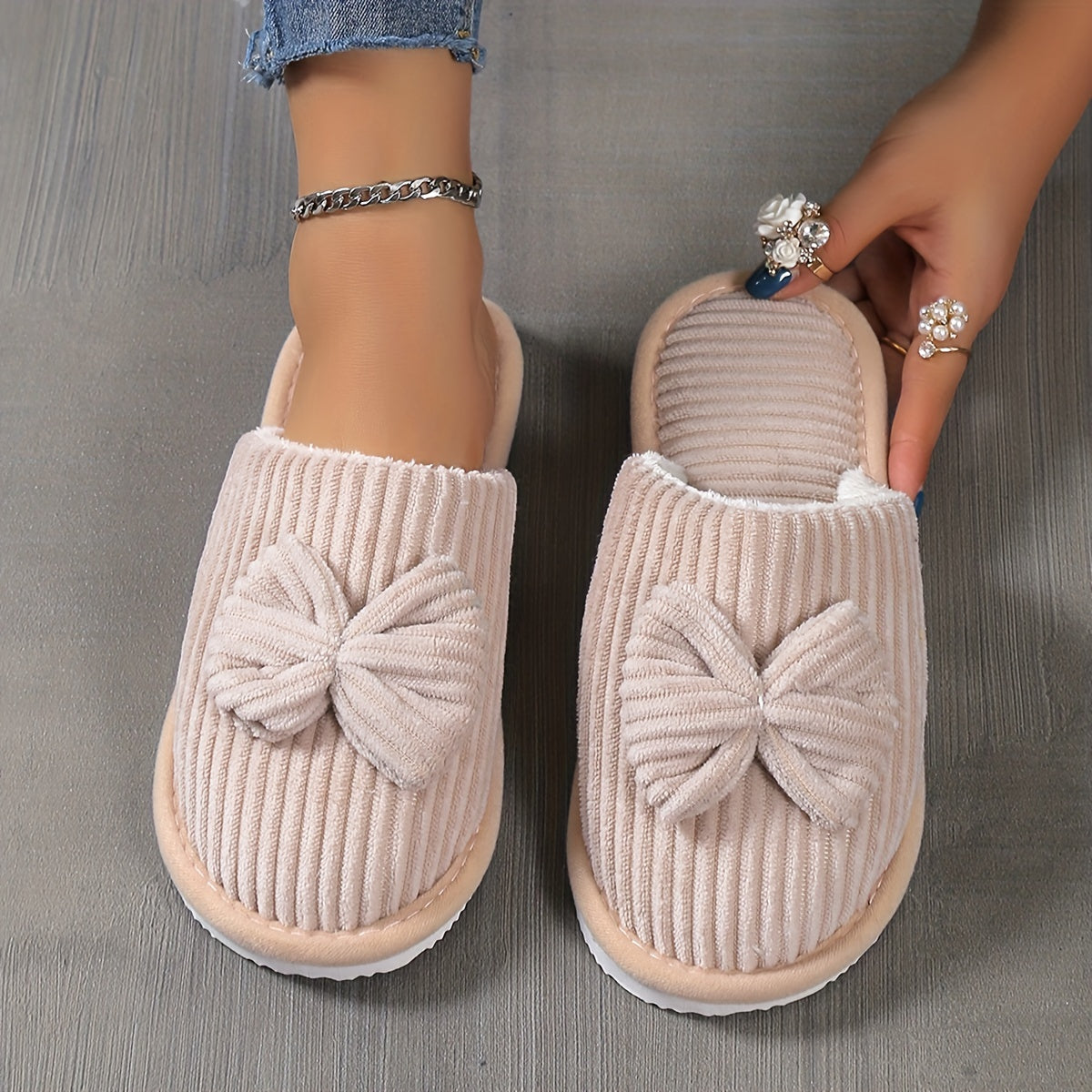 Fuzzy Slippers with Bowknot Soft Sole Fabric Indoor Casual Slip-On for Winter