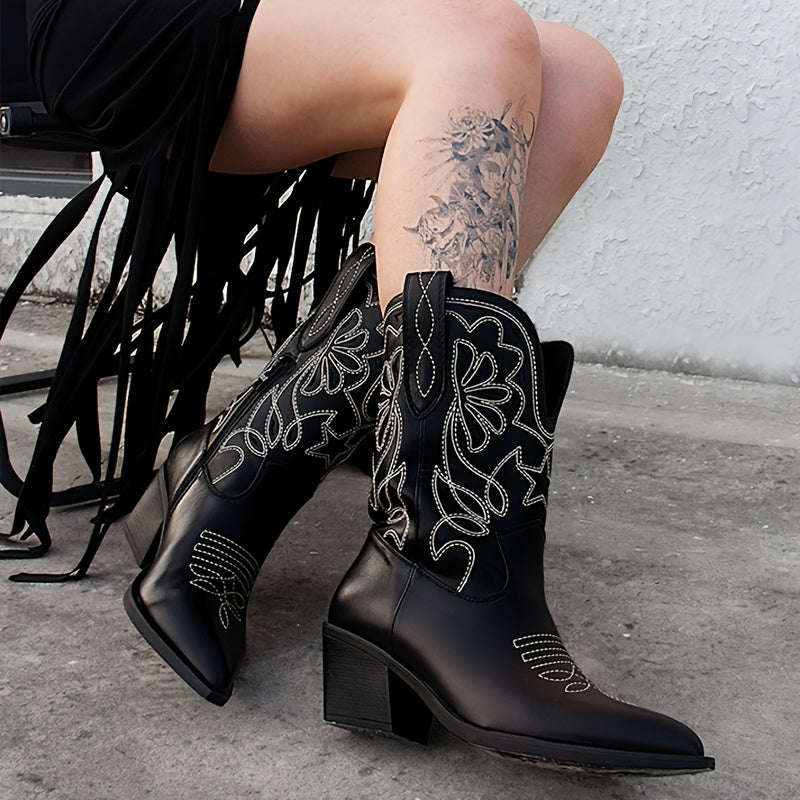 Women’s Western Cowboy Boots Black High Heel Dress Shoes Pointed Toe