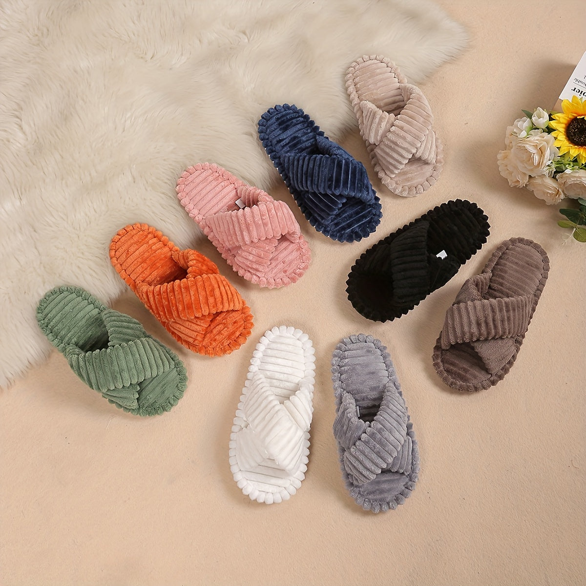Women's Solid Color Cross Strap Plush Home Slippers for All Seasons