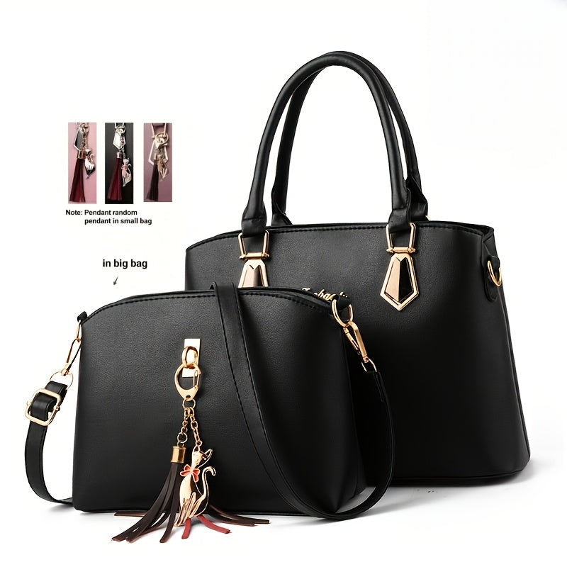 Women's 2-Piece PU Bag Set with Tassel Water-Resistant Zipper Crossbody and Handbag Black