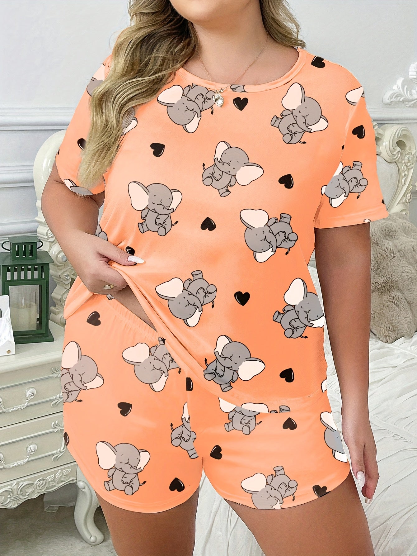 Women's Summer Pajama Set Large Size Short Sleeve Shorts Cartoon Print