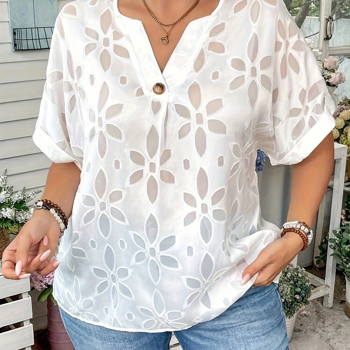 Plus Size Women's V-Neck Button Short Sleeve Shirt