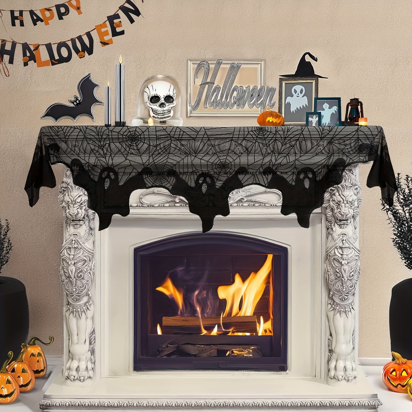 Black Lace Spider Web Fireplace Mantel Scarf Gothic Cobweb Halloween Decoration