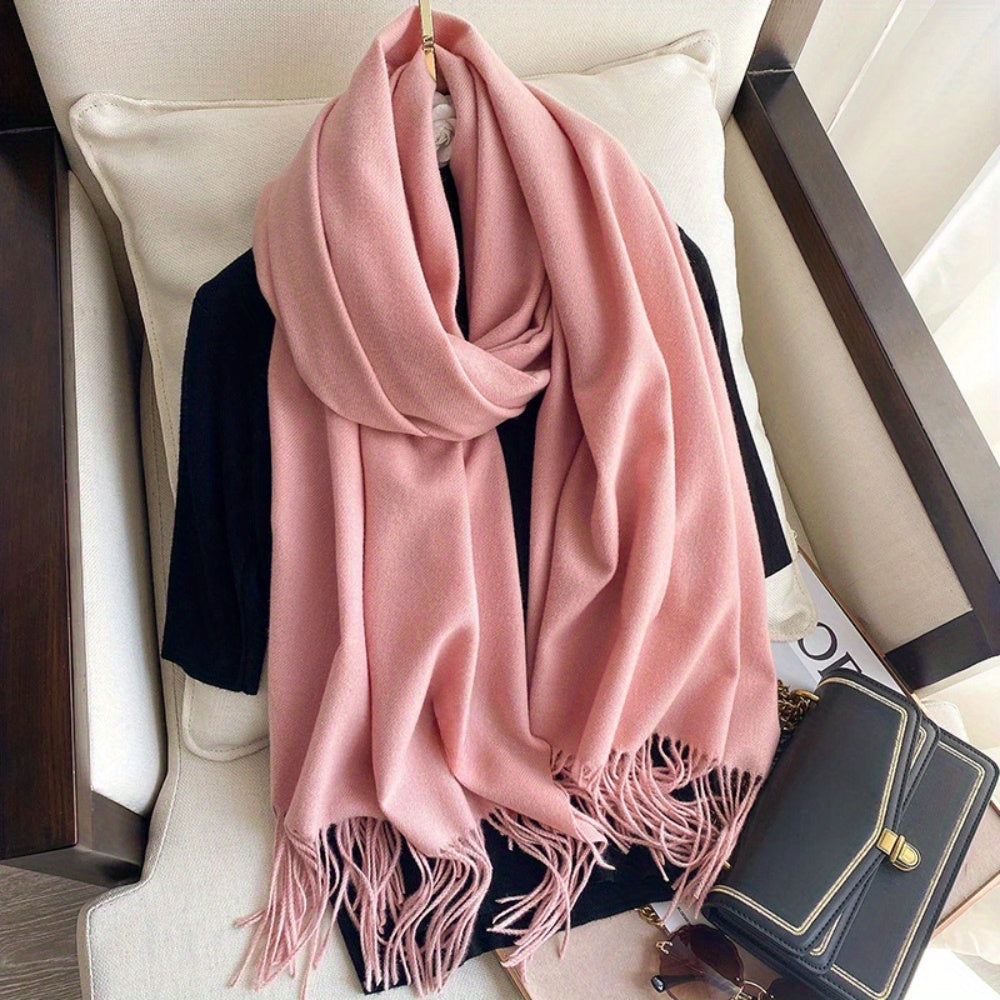 Women Black Tassel Shawl Scarf Thick Plush Wool Feel Double-Sided Cashmere Autumn Winter