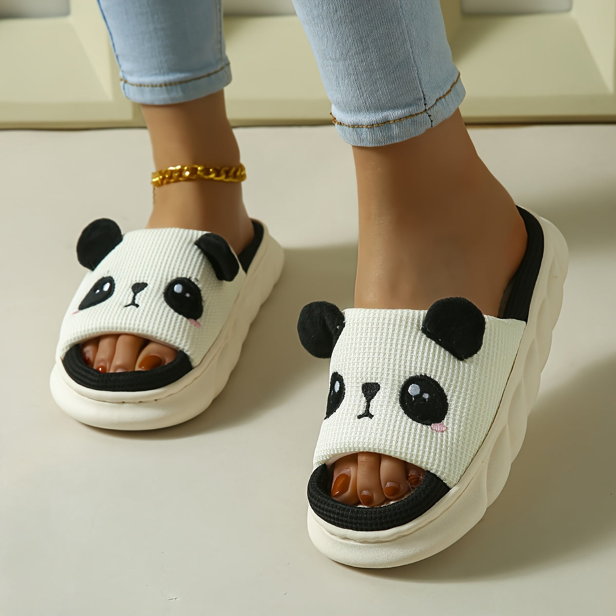 Women's Soft Linen Panda Slippers Non-Slip Cozy Home Shoes