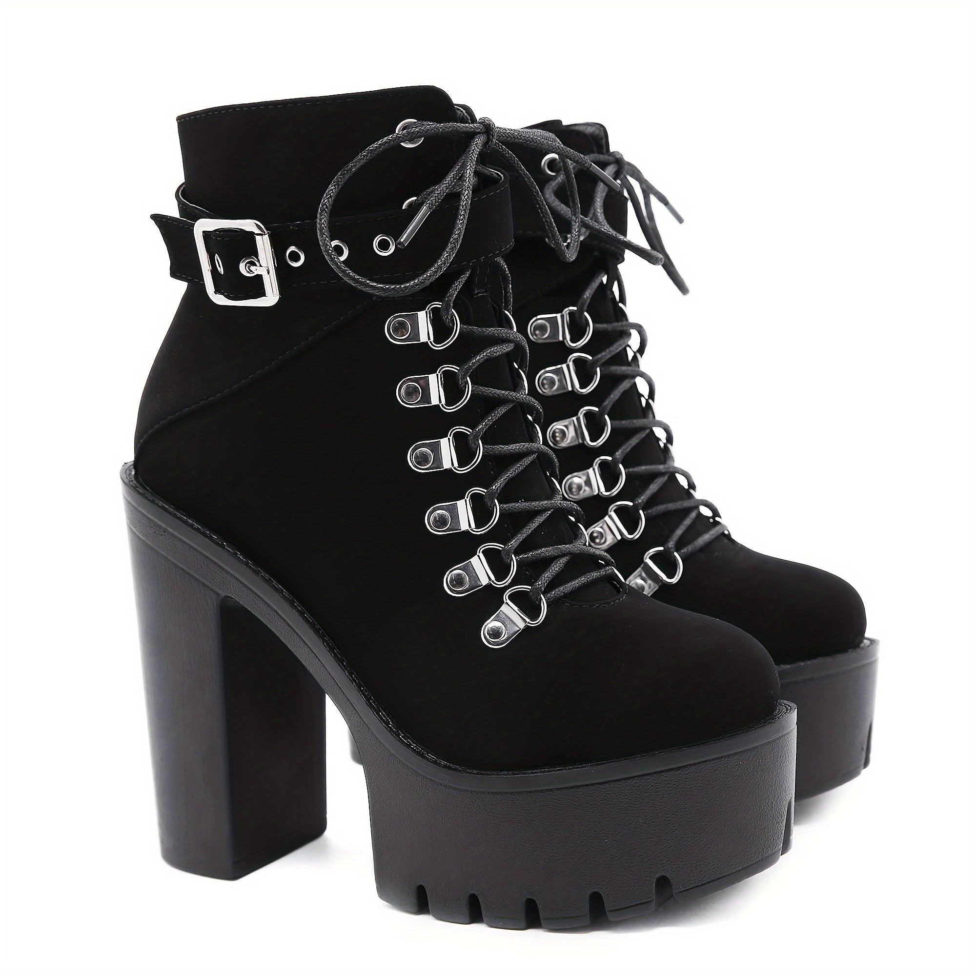 Women's Black Platform Ankle Boots with Buckles and Side Zipper for Nightclub