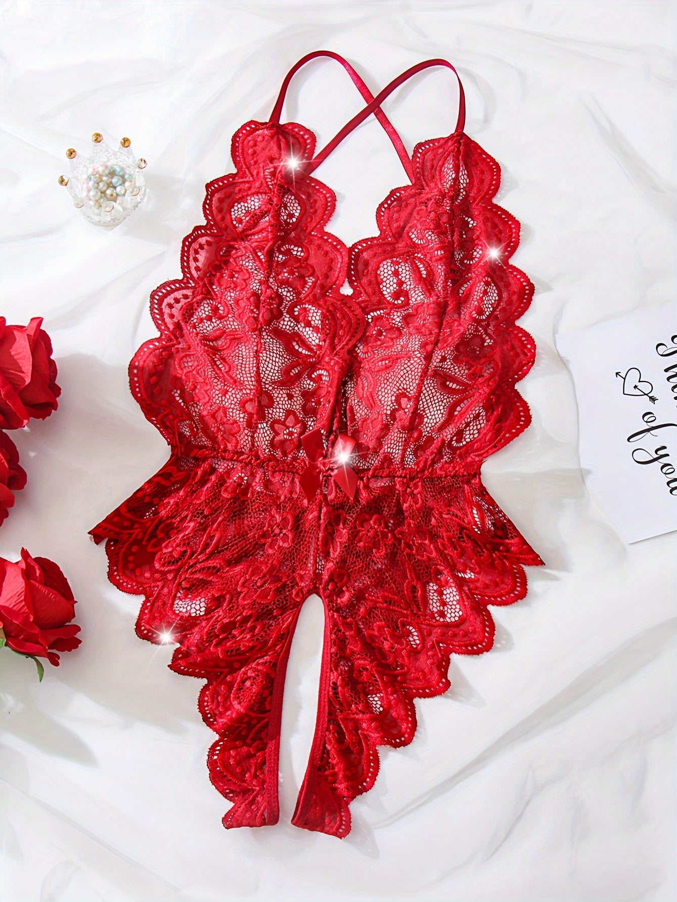 Women's Lace Bodysuit with Open Flaps and Deep V-Neck Backless Lingerie