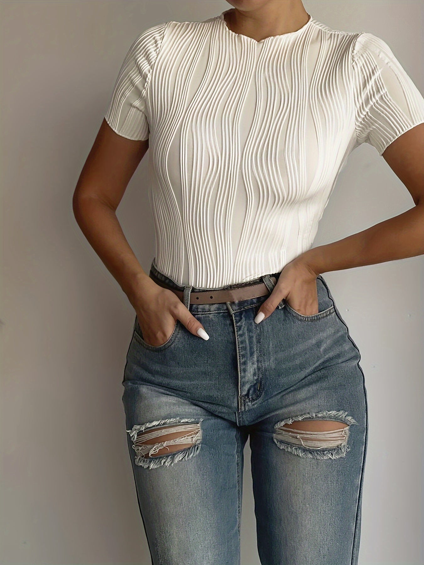 Set of 2 Women's Textured Polyester Blend Crop Tops Crew Neck Semi-Sheer All Seasons