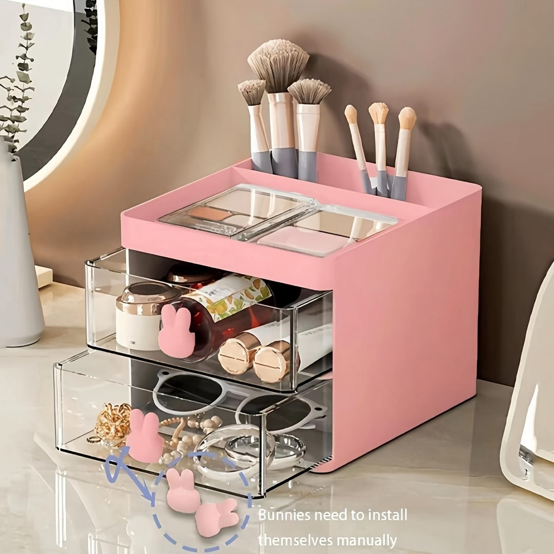 White Cosmetic Storage Box with Rabbit Handles 2-Drawer Desktop Organizer for Makeup Jewelry Office Supplies
