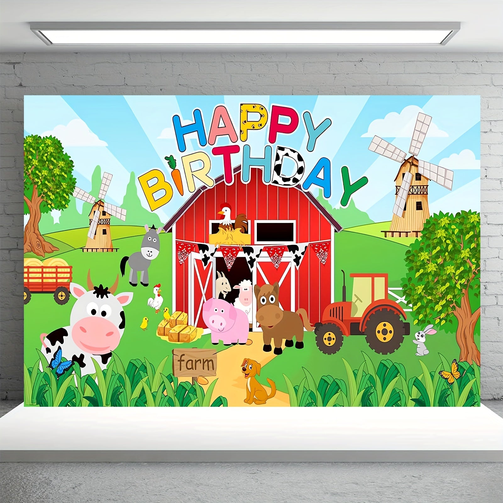 Large Farm Animal Birthday Party Backdrop Polyester Photo Background for Kids Celebrations 129x150cm