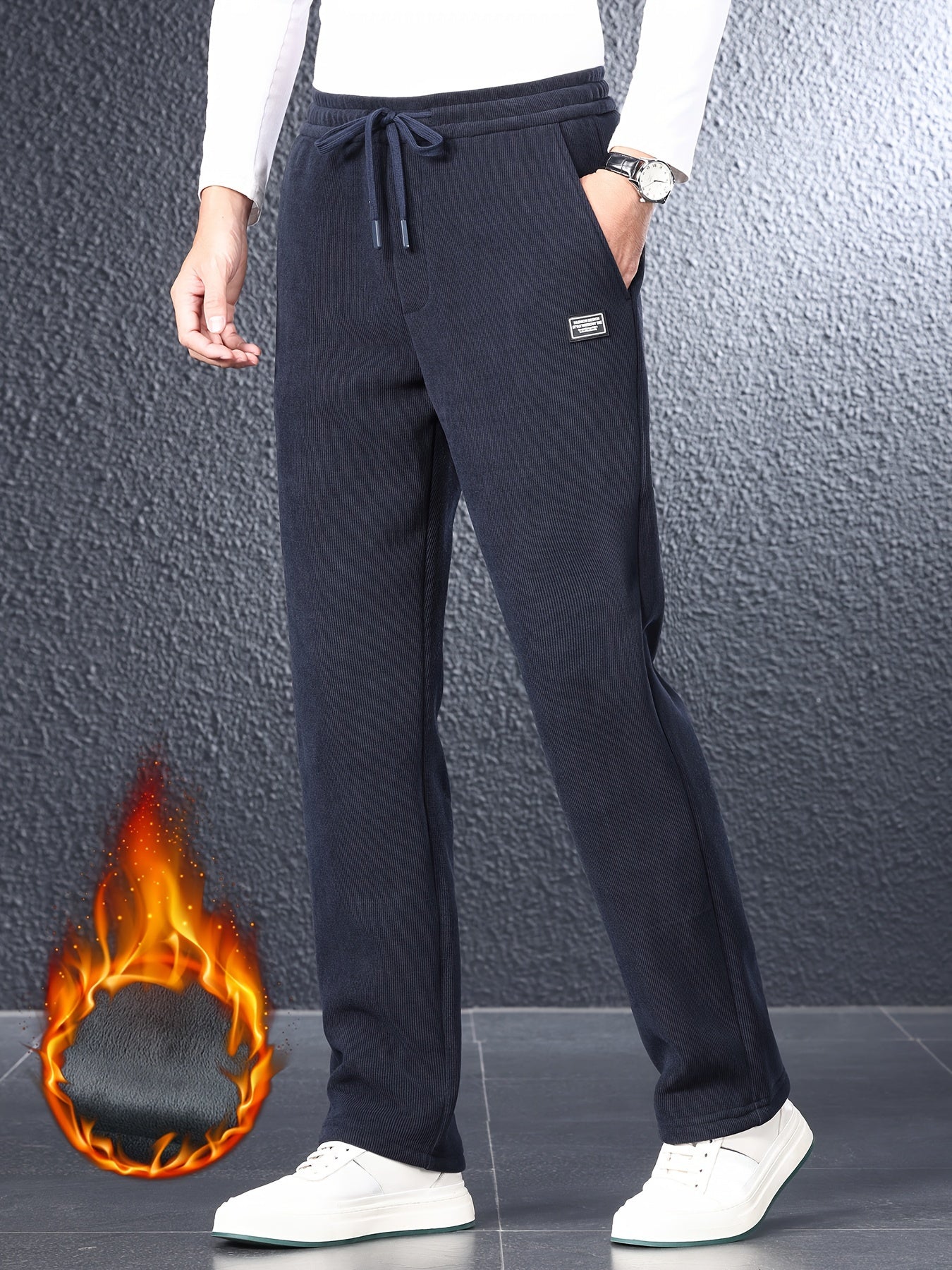 Men's Casual Joggers Polyester Knit Solid Regular Fit Mid Waist Winter Warmth