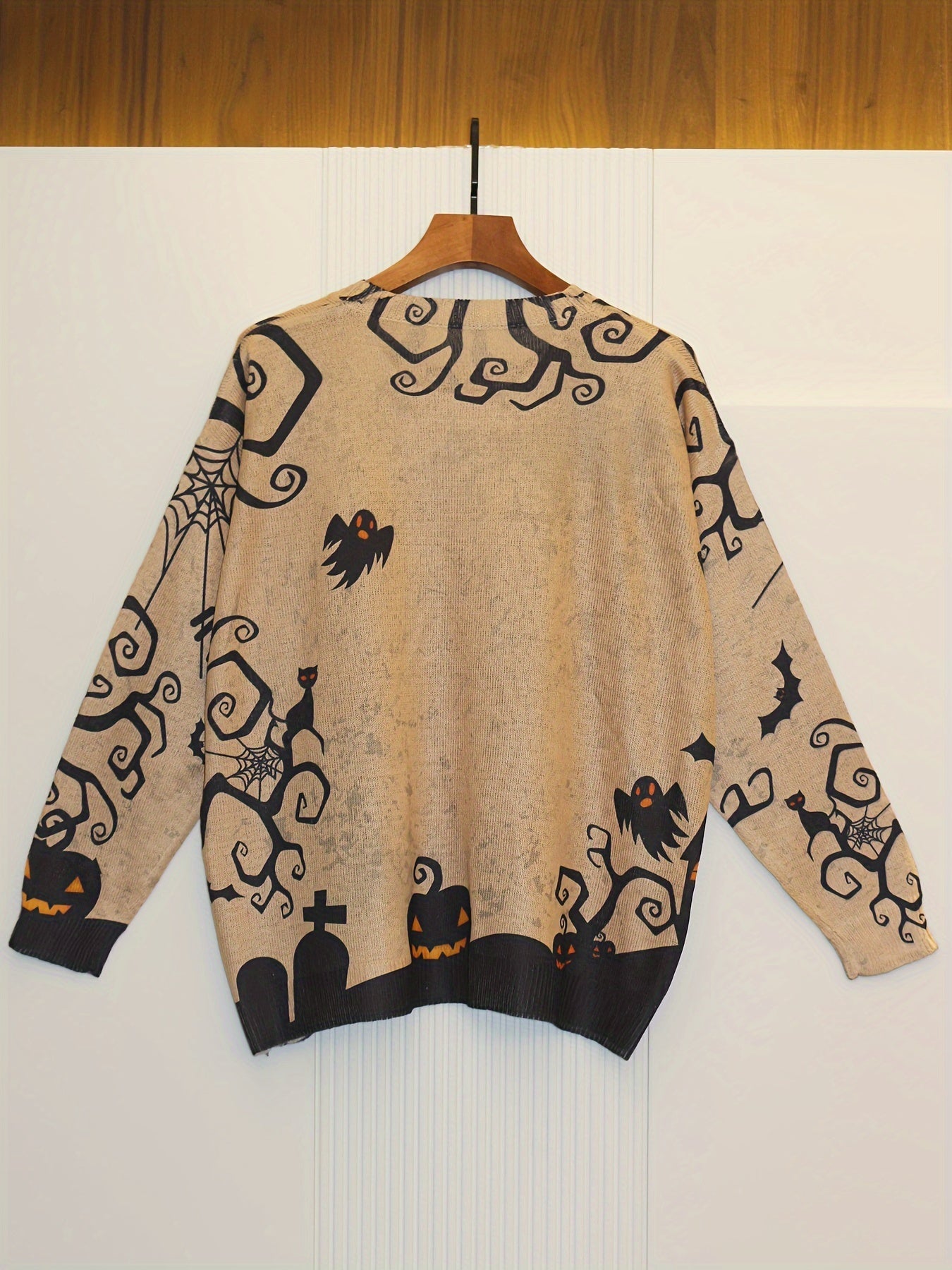 Plus Size Pumpkin Pattern Knitted Pullover Women’s Casual Crew Neck Sweater