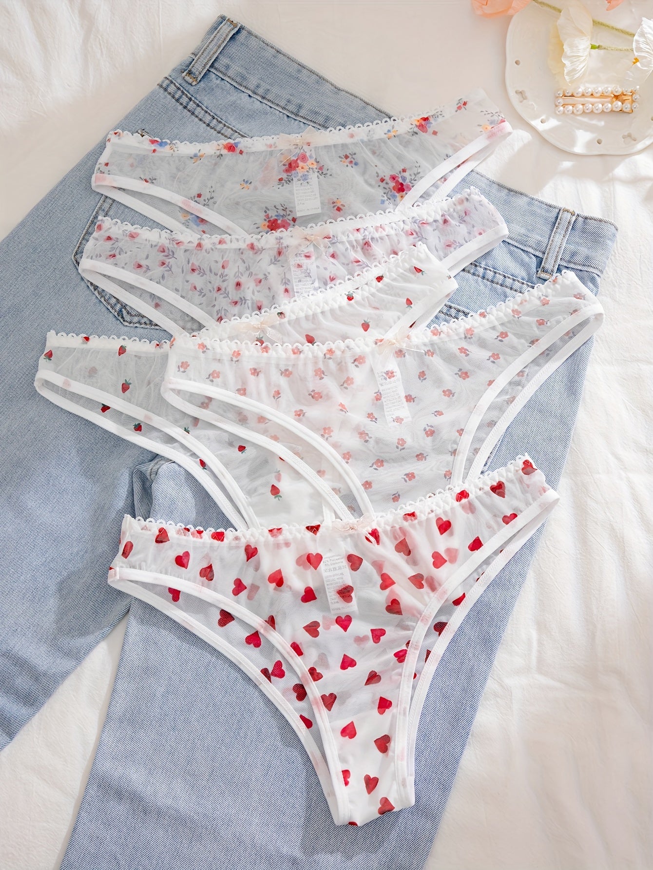 Women's Floral Print Panties 5 Pack Lace Trim Polyester Blend Elastic Waist