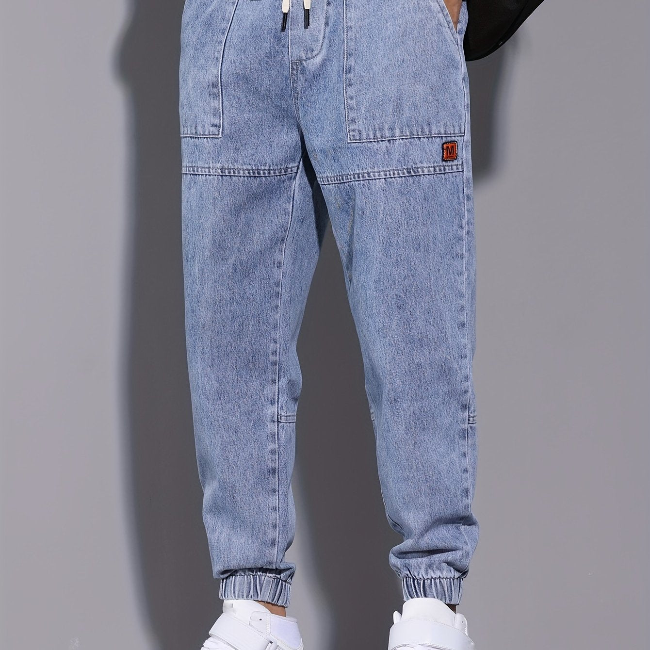 Men's Denim Jogger Pants with Elastic Drawstring Waist Cropped All-Season Street Style