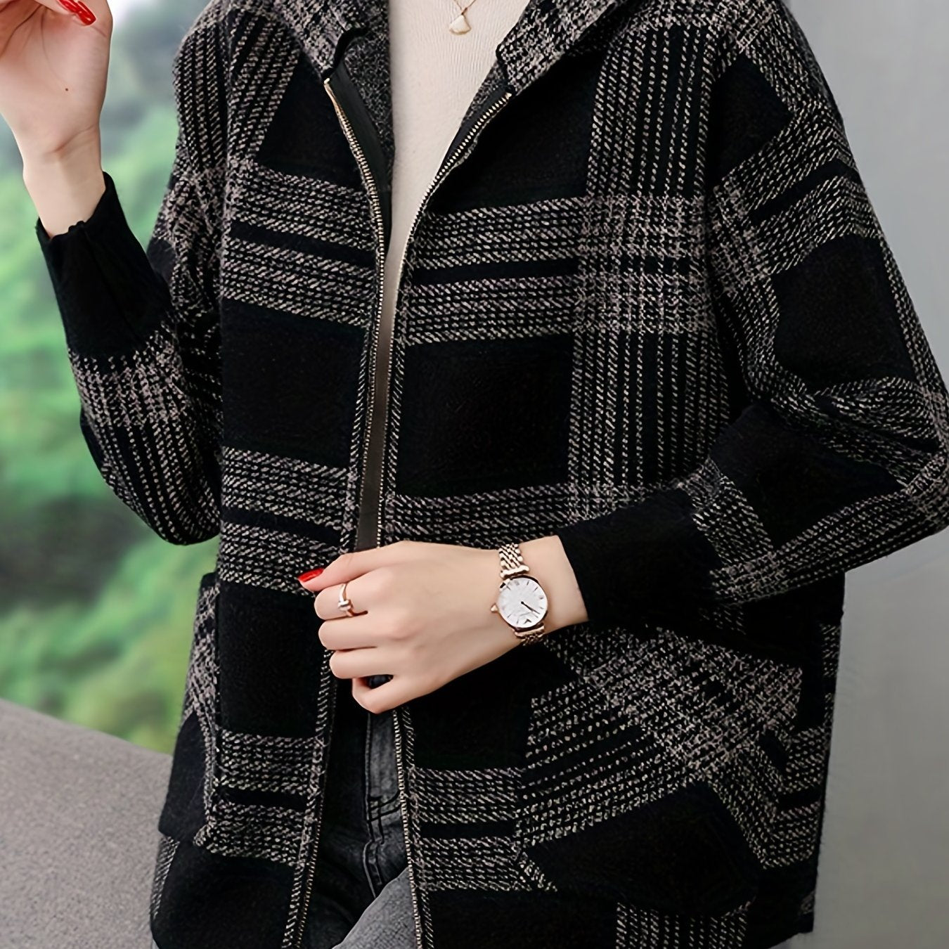 Women's Casual Plaid Hoodie Jacket Long Sleeve Spring Fall Black White Polyester Blend Loose Fit