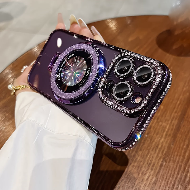 Luxury Rhinestone Glitter Magnetic TPU Phone Case for iPhone 12-16 Pro Max Plus with Shockproof Bumper