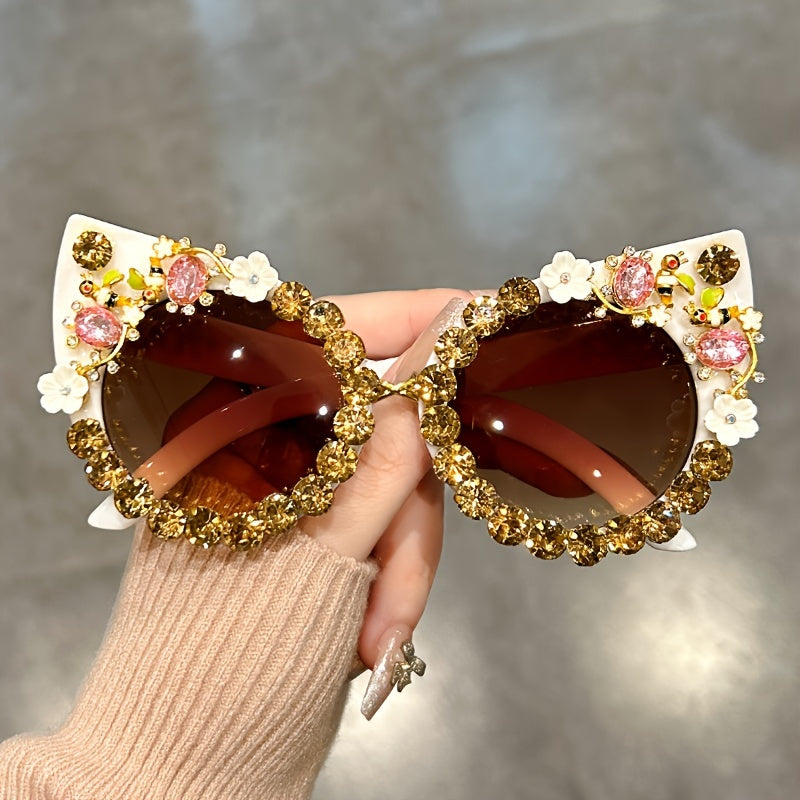 Gafas de sol con cristales en forma de gato, con rhinestones y degradado floral para fiestas de disfraces y prom.