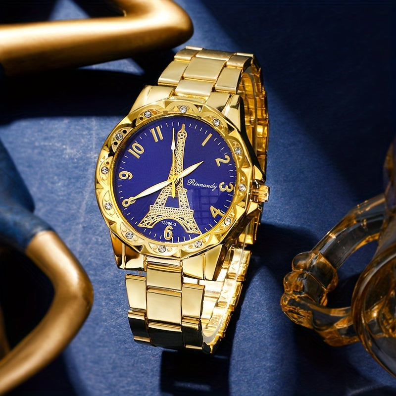 Ayollar uchun oltin kvarts soat, Eiffel Tower qismi bilan, zanglamaydigan po'latdan yasalgan band, an'anaviy soat