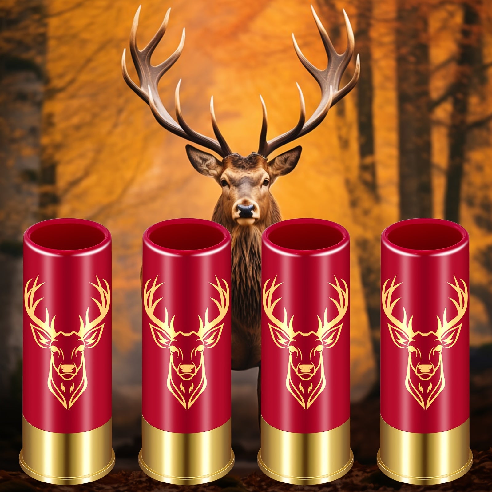 Set of 4 Reusable Plastic Shot Glasses with Deer and Skull Designs and Bullet-Shaped Cups