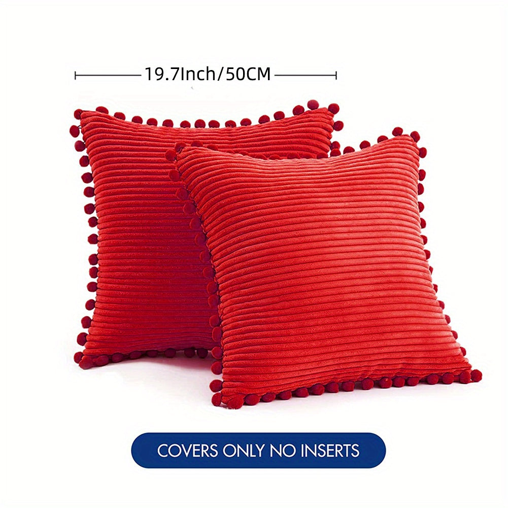 Набор из 2-х бохо наволочек для подушек с помпонами и акцентом из вельвета. Сплошные квадратные подушки для различных пространств. (18x18 дюймов/45x45 см). ВКЛЮЧЕНИЯ НЕ ВХОДЯТ.