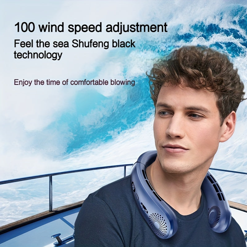 Portable Hanging Neck Fan USB Rechargeable Adjustable Speed LED Display for Outdoor Travel