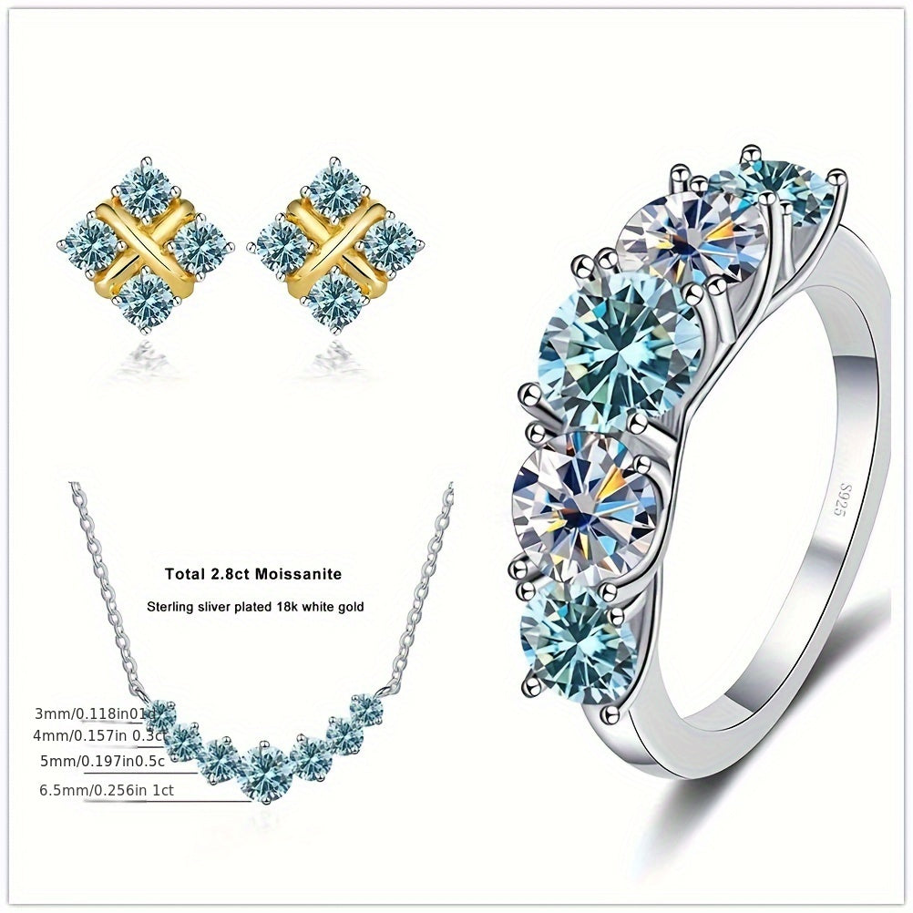 Sterling Silver 4-Piece Jewelry Set with Moissanite Necklace Earrings Ring Gift for Holidays