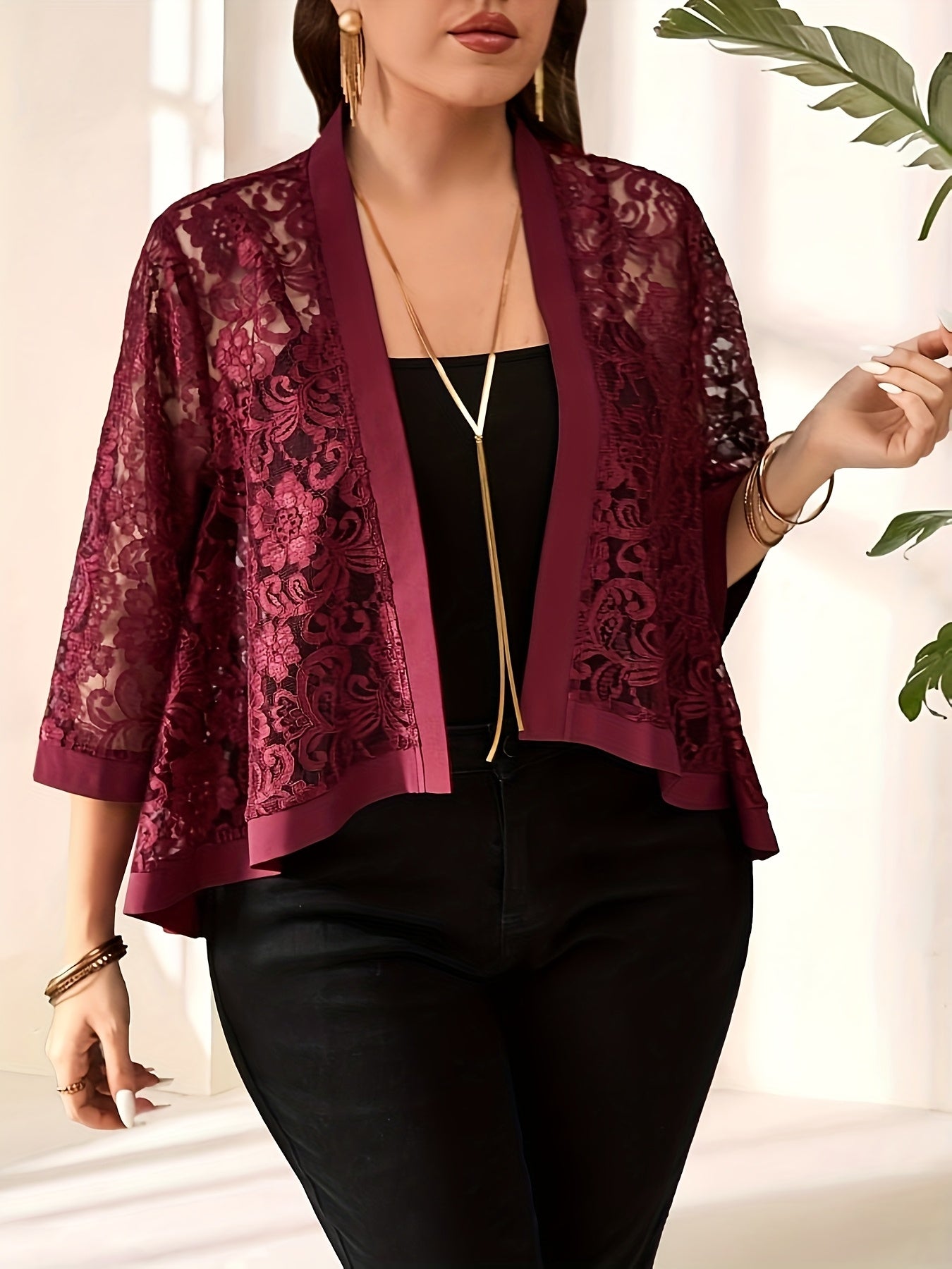 Plus Size Lace Cardigan Lightweight Semi-Transparent Three-Quarter Sleeve Black Summer Top