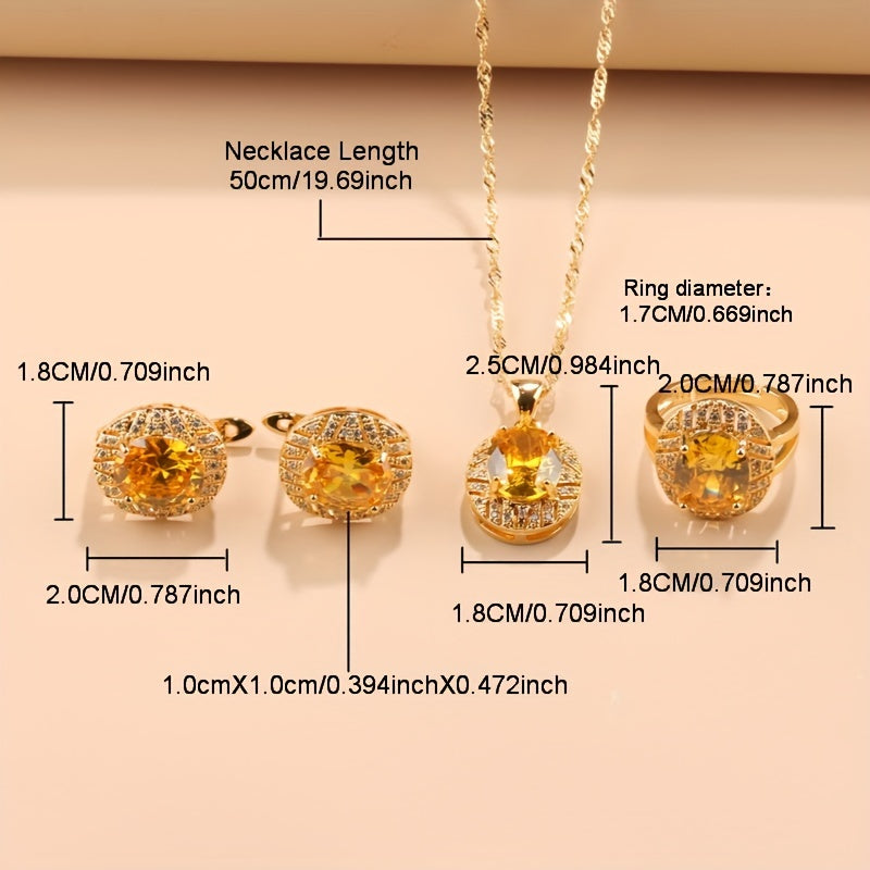 4-Piece Gold Plated Jewelry Set with Necklace Earrings and Rings for Weddings and Daily Wear