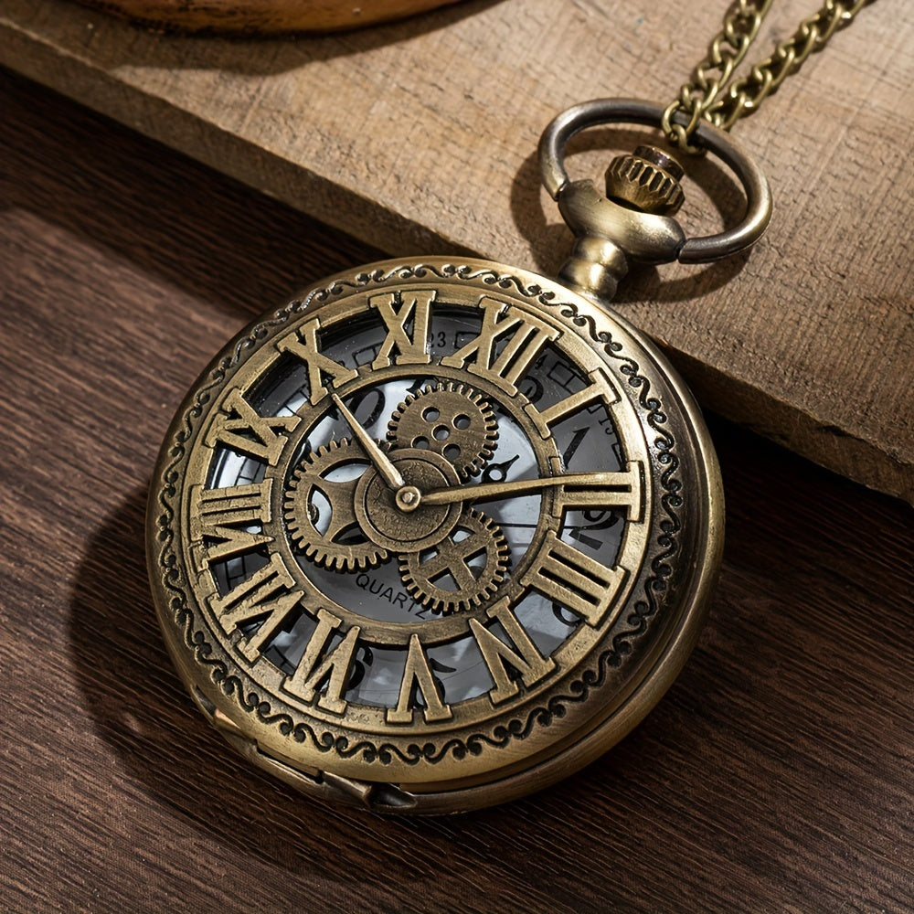 Large Hollow Quartz Pocket Watch with Roman Numerals and Mechanical Gear Design