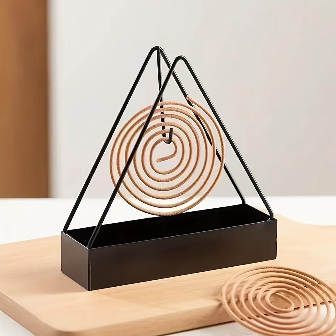 Black Metal Mosquito Coil Holder with Triangular Design and Wooden Spiral Insert