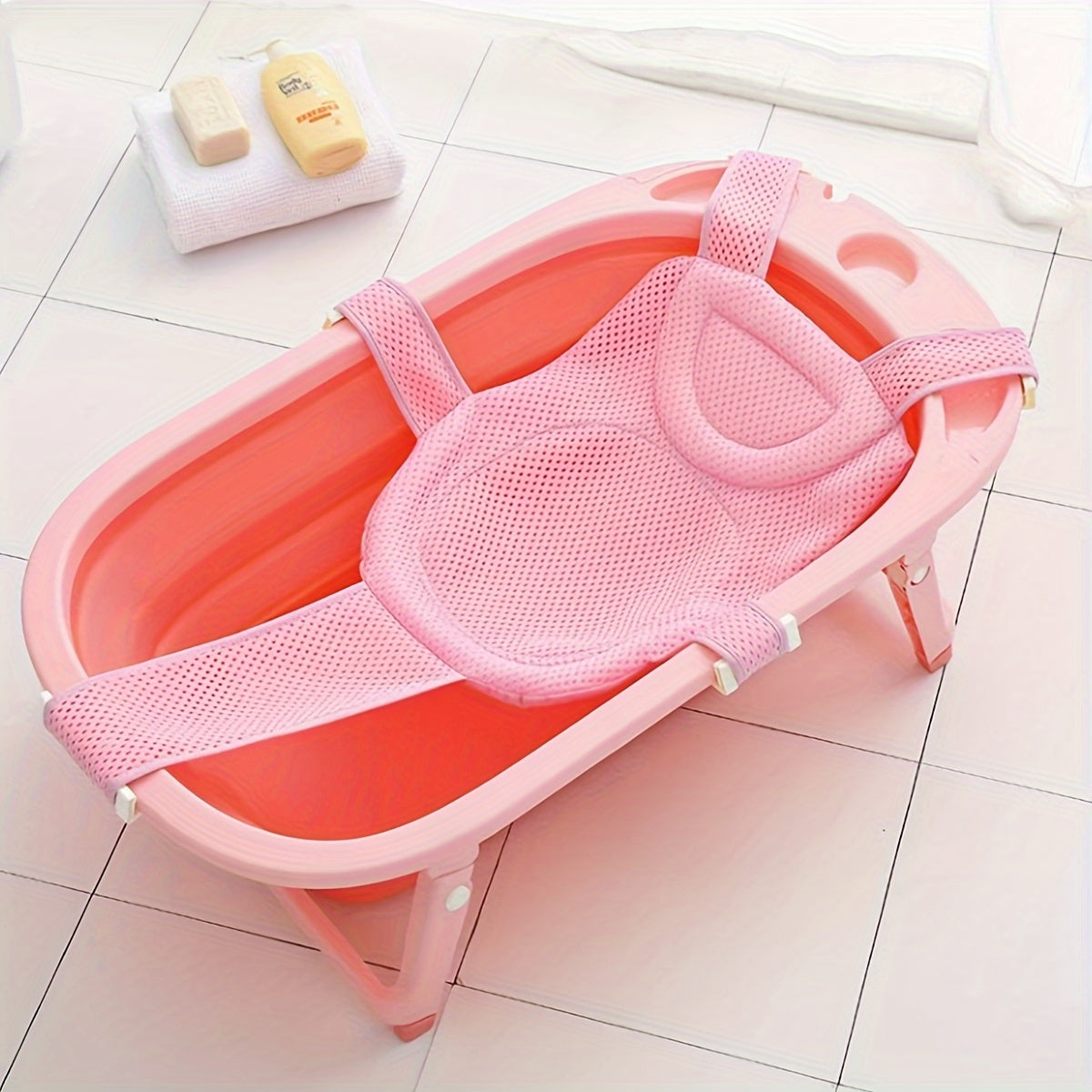 Baby Bath Support Non-Slip Mesh Floating Mat with Buckles for Safe Bathing in White