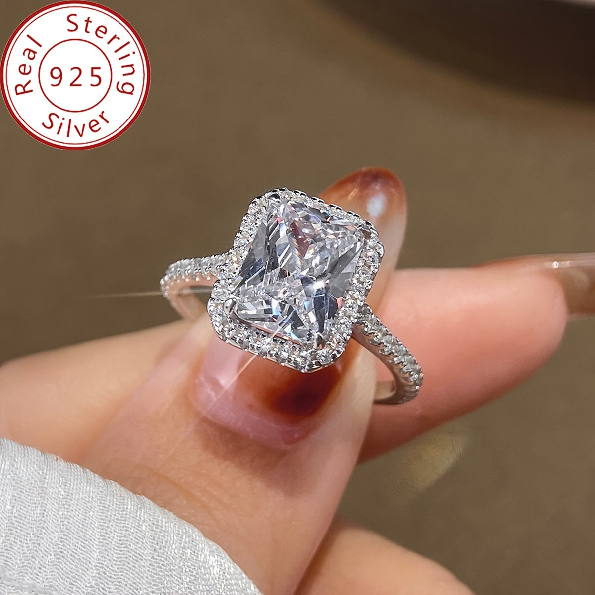 Sterling Silver Engagement Ring with Rectangular Halo and Cubic Zirconia