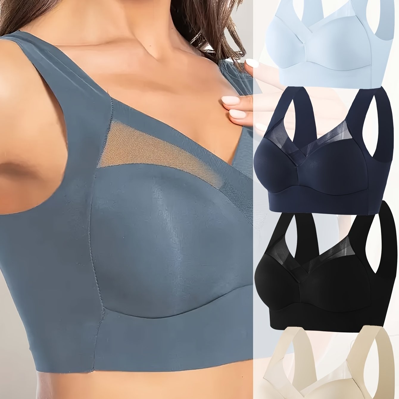 Women Lace V-Neck Bras 4 Pack Seamless Breathable Mesh Supportive